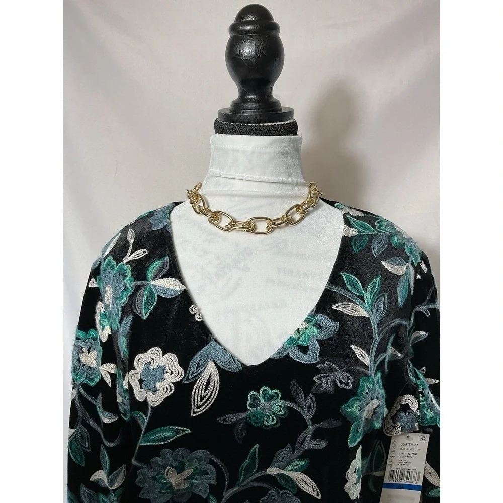 Karen Kane NWT Sz XL Black Green STRETCH Embroidered Velvet Bell Slv $128 MSRP - Picture 4 of 12